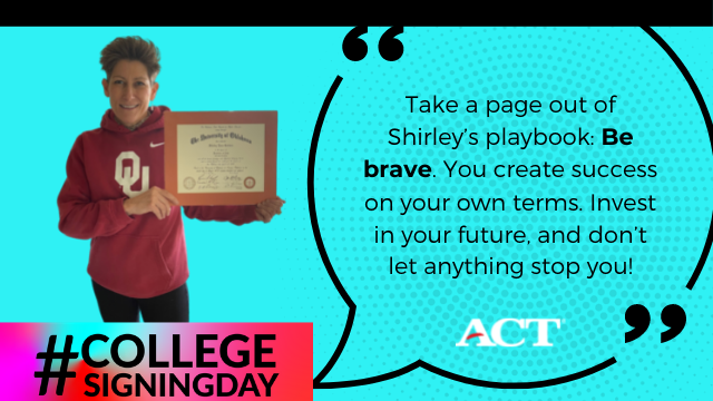  be brave. janet godwin college signing day holding mother's diploma