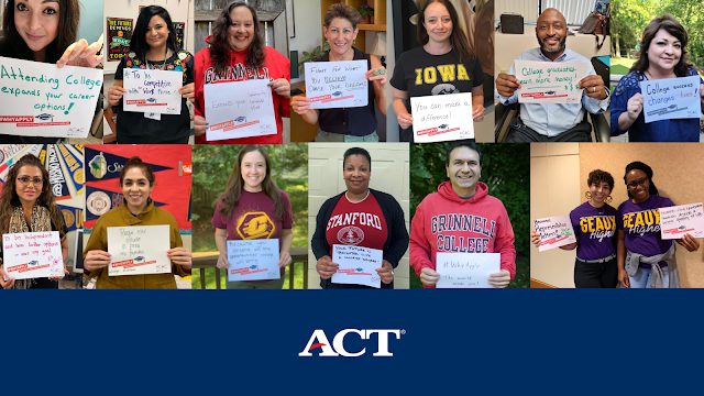 People hold up signs with their reasons to apply to college.
