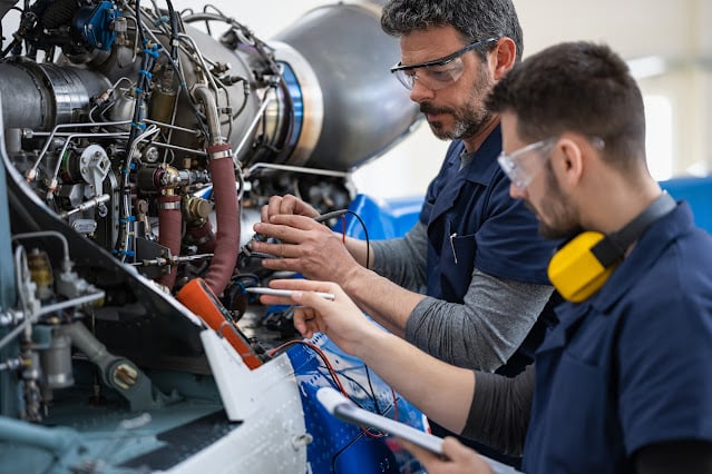 man showing an employee how to work on machinery
